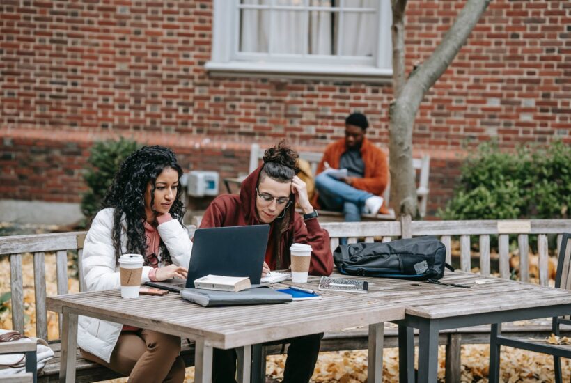 serious diverse teens browsing netbook while preparing for exams in campus park